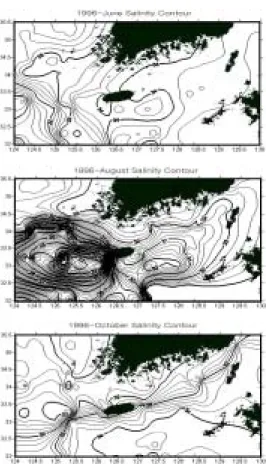 FIGURE  10.  Distribution  of  salinity  in  1996 Table  4는  1995년부터  1999년까지의  6월,  8 월,  10월의  제주도  서쪽해역과  동쪽해역의  최저 염분을  나타낸  것이다