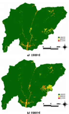 FIGURE  5.  토지피복변화 3.  가시권  분석 각  시점에서의  가시권  분석  결과,  두로봉과  상왕봉을  중심으로  북측  지역에서  가시중복도가  가장  높게  나타났다(그림  6)