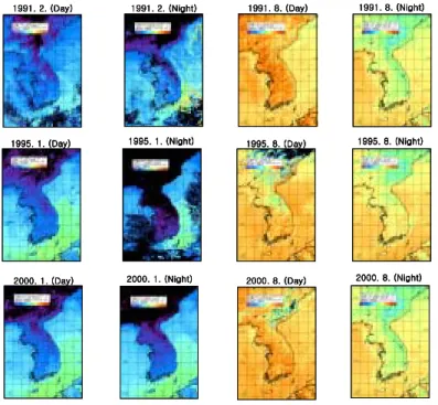 FIGURE  3.  Composite  images  of  surface  temperature  in  the  Korean  peninsula  in  1991,  1995  and  2000
