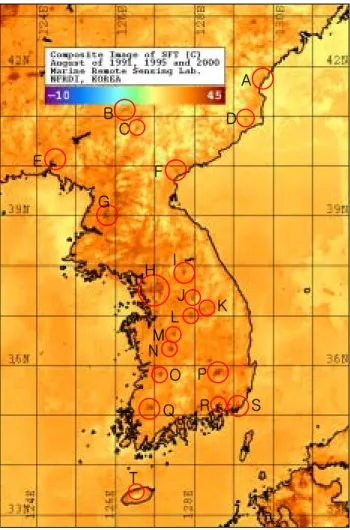 FIGURE  4.  Composite  images  of  maximum  surface  temperature  in  the  Korea  in  August  of  1991,  1995  and  2000 