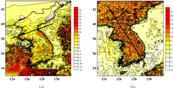 FIGURE  5.  (a)  Difference  in  surface  temperature  between  daytime  and  nighttime  in  January,  1995  in  the  Korean  peninsula