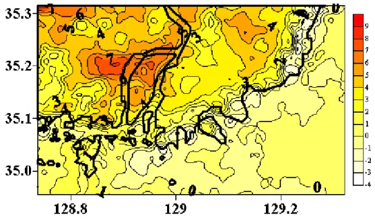 FIGURE  7.  Difference  in  surface  temperature  between  daytime  and  nighttime  in  January,  2000  in  Busan  of  Korea