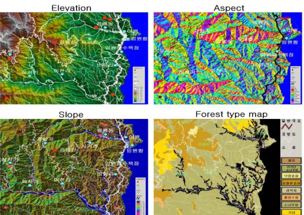 FIGURE 3. The spatial characteristic distribution map in study area 특성과 임상만을 고려하여 내화수림대를 조성하 였으며 산불피해지의 공간분포특성을 규명하기 위하여 산불 피해지의 표본 data를 연구대상지 를 포함하는 삼척시 전체(28건)로 하였다(표 1)