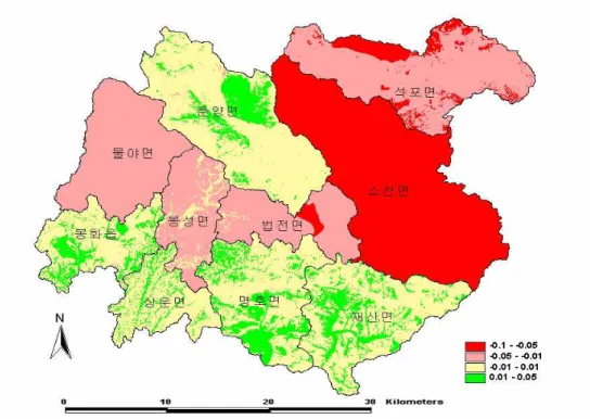 FIGURE 2. The map that represent the differences appeared in the result of two methods 용하는 것이 더욱 합리적인 방법이라 생각된 다(황국웅과 엄붕훈, 2003)