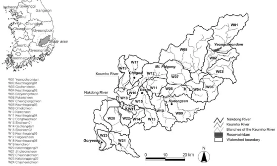 FIGURE 1. Geographical location of the study area 연구대상지 및 분석방법 1. 연구대상지 연구대상지는 그림 1과 같이 행정구역상 대구광역시와 경상북도 영천시, 경산시, 고령 군 등에 위치하면서 낙동강 중류에 분포하는 24개 소유역으로 대상지의 중심을 흐르는 금 호강은 포항시 죽장면 가사령에서 발원하여 약 118km를 흘러 달성군 화원읍에서 낙동강 과 합류된다(대구지방환경청, 2000)