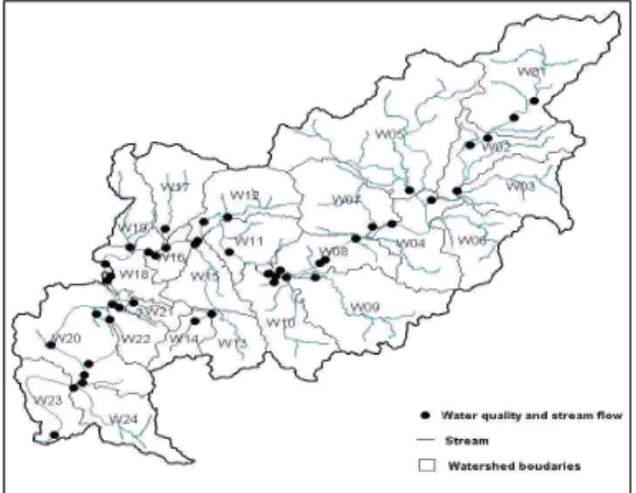 FIGURE 11. proportion of watershed with potential soil loss greater than 10ton/ha/yr 이에 반해, 낙동강 본류22(W23) 유역은 토 양유실량 10ton/ha/yr 이상인 지역의 면적률이 15%로 가장 높고, 그 다음으로 신령천(W05), 금호강03(W08), 차천천(W24) 유역이 10% 정 도로 높게 나타나, 향후 이들 소유역을 중심으 로 철저한 현장조사를 실시하여, 토양침식에 영향을 
