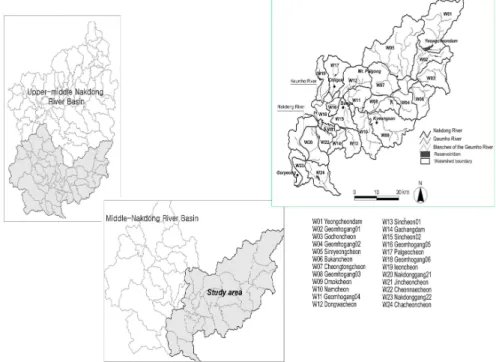 FIGURE 1. Geographical location of the study area한편, 국내에서도 이호준 등(1999)은 유역의 토지이용패턴이 물환경에 미치는 영향을분석하였고, 권형중과 김성준(2003), 이연길 등(2003)은 유역의 홍수유출을 해석하였으며, 안승섭과 조명희(1999), 김성준 등(2002), 그리고박경훈과 정성관(2000)은 GIS 기법을 활용한유역환경평가 및 관리시스템 구축에 관한 연구를 수행하였으나, 아직까지 유역단위의 인간