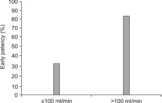 Fig. 4. Difference of Cumulative patency rate according to  the blood flow groups.