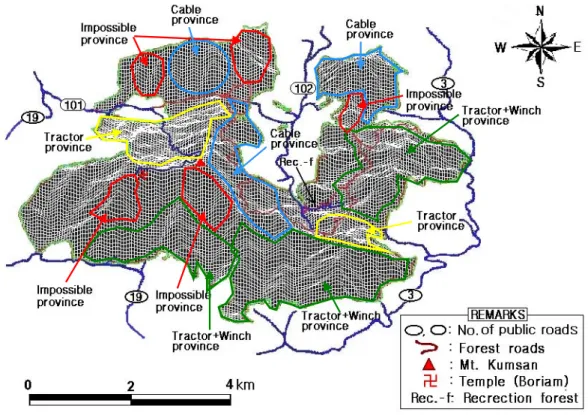 FIGURE  7.  A  classification  map  of  working  province  by  logging  machines 서  중경사지역에  해당하므로  집재작업  기종의  선택은  완․중경사지의  소규모  집재  등에  널 리  이용되고  있는  트랙터부착  집재기(Logging  Boogie)  등의  사용이  적절하다고  사료된다
