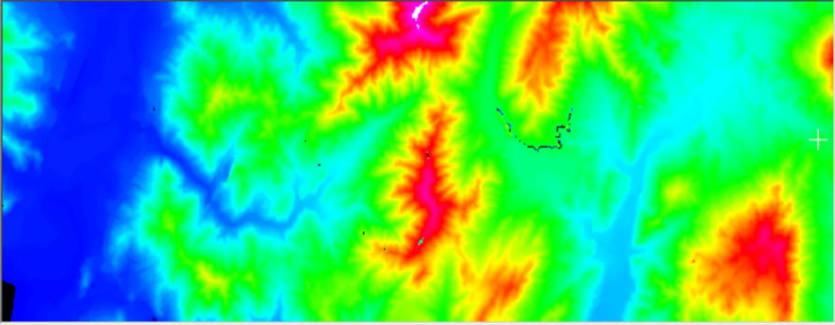 FIGURE  1.  DEM  of  RGB  expression 벡터와  래스터의  동시표현이  가능한  솔루션을 조사하였다.  그리하여  이러한  기능이  있는  공간분석용  디지털  영상  처리  소프트웨어로서 PCI  Geomatics의  기본기능과  응용기능을  이용하여  최종처리  하였다.2