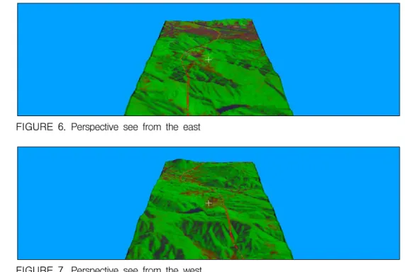 FIGURE  7.  Perspective  see  from  the  west는  동서남북  방향에서  45도의  투시각에서  보여지는  입체영상을  각각  제작하고자  했으며, 