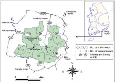 FIGURE  1.  Location  map  of  the  case  study  area용성을  검토함으로써  향후  환경친화적인  임도개설의  기초자료를  제공하고자  실시되었다.재료  및  방법1