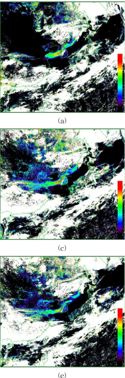 FIGURE  7.  GMS-5  retreived  AOT  in  visible  channel  images  which  are  removed  the  surface  and  cloud  effects  at  (a)  0030,  (b)  0130,  (c)  0230,  (d)  0330,  (e)  0423,  (f)  0530  UTC  on  April  7,  2000