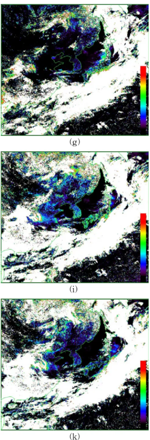 FIGURE  8.  GMS-5  retreived  AOT  in  visible  channel  images  which  are  removed  the  surface  and  cloud  effects  at  (g)  0030,  (h)  0130,  (i)  0230,  (j)  0330,  (k)  0423,  (l)  0530  UTC  on  April  8,  2000 그림  9는  기상상태와  관련하여  air  mass의 