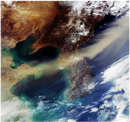 FIGURE  1.  TERRA/MODIS  RGB  image(2001-03-20,  11:50);  KMA로  높은  값을  가지며,  시․공간적  변화율이  크기  때문에  대기권밖에서  관측된  복사량에서 지표반사율의  기여도를  정확히  알기가  어려워 순수한  대기  에어러솔에  의한  영향을  추출하기  힘들기  때문이다