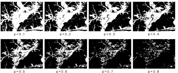 FIGURE  5.  Urban  areas  abstraction  result  comparison  by  border  point  change 이용하여  추출된  도시지역을  벡터화하여  EOC 영상  위에  중첩함으로써  최적의  경계점을  찾 도록  하였다