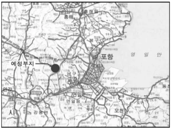 FIGURE  1.  Site  Location  of  Pohang  Thechnopark 이  연구는  이  단지의  개발계획을  근거로  하 여  단지조성에  필요한  시설용지인  상업  및  연구 용지,  주거용지,  공원녹지용지  등의  용도별  적 지분석을  시도하고자  한다
