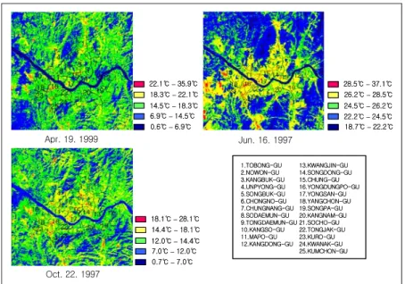 FIGURE  4.  Distribution  of  surface  temperature 면온도를  추출한  후  이를  5개의  클래스로  재 분류하였다(그림  4)