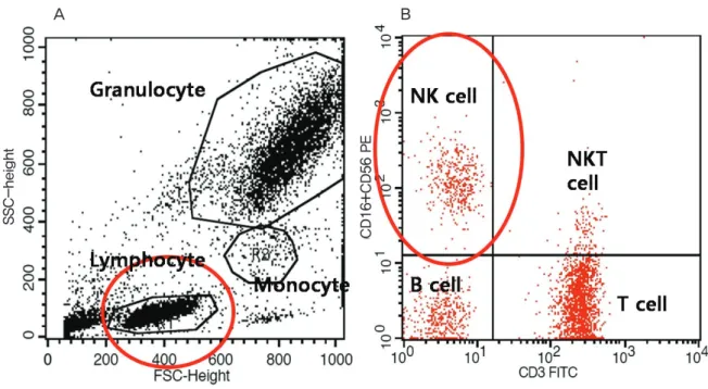 Fig. 1. Determination of immune cell profi les in peripheral blood. Gating strategy for three color fl ow cytometry evaluation of peripheral blood immune  cell