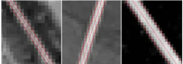 FIGURE  8.  Examples  of  road  images:  3m,  5m,  8m  widths 본  연구에서는  정사투영영상으로부터  국립 지리원  1:10,000  축척의  수치지도작성작업내규 의  도식규정을  기준으로  스크린디지타이징을  수행하여  각  지형코드의  대분류에서  중분류, 소분류의  설계에  따라  추출하였다
