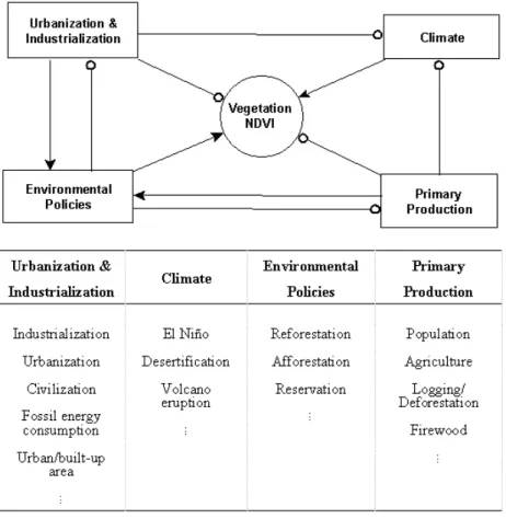 FIGURE  1.  A  conceptual  framework  of  regional  land  cover  change  (The  circled  arrow  denotes  a  negative  relation  which  means  the  dependent  variable  decreases  while  the  independent  variable  increases