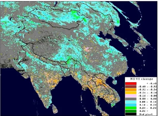FIGURE  2.  Interannual  growing  season(June,  July  and  August)  NDVI  changes  in  Asia,  1983-1994  (The  data  for  the  years  of  1982,  1989  and  1990  were  not  used  for  calculating  the  interannual  growing  season  trends.)