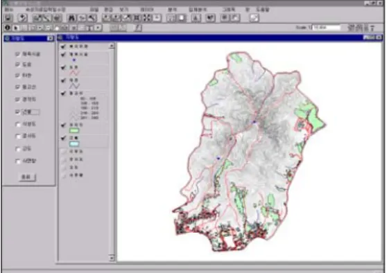 FIGURE  9.  Geographic  data  of  Uamsan 그림  10에서는  도형자료를  이용한  산불발 생  위험지수를  각각의  요소별로  볼  수  있도록  하였으며,  각각의  레이어를  분석할  수  있도록  메뉴를  구성하였다.