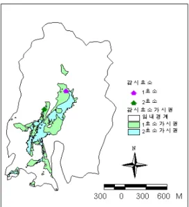 FIGURE  5.  Visibility  range  of  roads 산불발생  위험지수 구    분 합    계 매우낮음 낮    음 보    통 높    음 매우높음 전   체   면   적 2.540(100) 0.1(3.94) 0.586(23.06) 1.093(43.04) 0.588(23.16) 0.173(6.8) 도로가시권면적 2.21(86.9) 0.097(3.82) 0.524(20.61) 0.972(38.24) 0.500(19.7) 0.115