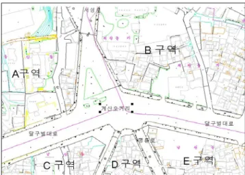FIGURE  2.  The  digital  map  of  Kei-San  five-way  crossing NO CODE NO CODE 노선명 좌우 일련번호 노선명 좌우 일련번호 A  1 달구벌대로 L 0001 C18 달구벌대로 R 0018 A31 달구벌대로 L 0031 D14 명륜로 R 0001 B  6 달구벌대로 L 0032 D15 명륜로 R 0003 B38 달구벌대로 L 0064 E  9 명륜로 L 0001 C  1 달구벌대로 R 0001 E 