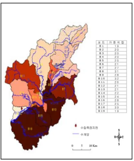 FIGURE  5.  Spatial  distribution  of  water  pollutant  by  GIS  overlay  analysis  per  sub-basin  area  in  Kumho  River 또한  유역분지에  있어서의  수질오염인자의  정량화는  GIS를  이용한  수치주제도  작성으로  시각화가  가능하였으며,  이를  기초로  소유역  분지간의  공간변화분석과  행정구역과  소유역  분지간의  비교가  용이해짐에  따라