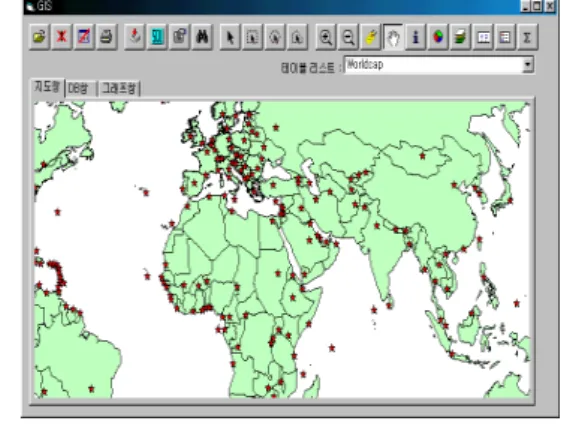 FIGURE  4.  A  displayed  screen  of  overlaying  thematic  maps  2)  데이터베이스  창에서  속성  자료의  조회 그림  4의  지도  창에서  선택한  객체에  대해 서는  데이터베이스  창을  통하여  연결된  속성  정보를  확인  할  수  있다