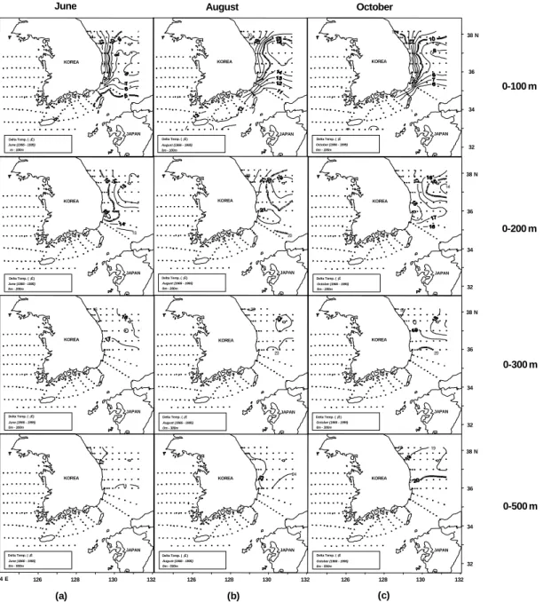 FIGURE  2.  Horizontal  distributions  of  the  difference  in  water  temperature  between  sea  surface  and  each  depths(100,  200,  300  and  500m)  in  June  (a),  August  (b)  and  October  (c)  over  1966～1995.