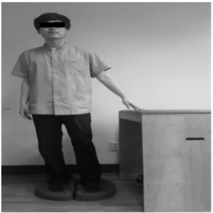 Fig 3. Ankle strategy exercise on  Aero-Step(weight bearing to  lesser affected side); Lift hand  on arm support to weight  bearing to lesser affected side.