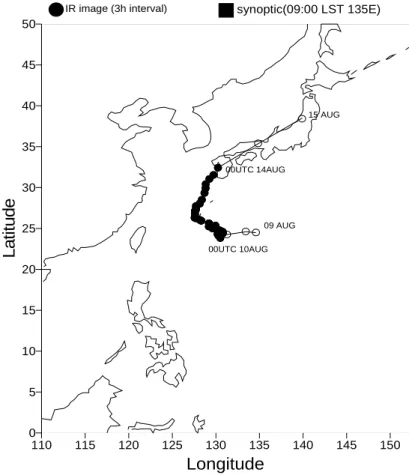 FIGURE  2.  The  path  of  Ty9612  KIRK.  The  thin  line  indicates  the  path  obtained  from  synoptic  analysis