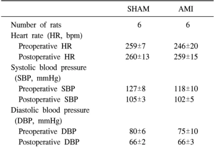 Table 1. Hemodynamic parameters SHAM AMI Number  of  rats     6     6 Heart  rate  (HR,  bpm)     Preoperative  HR 259±7   246±20     Postoperative  HR   260±13   259±15 Systolic  blood  pressure