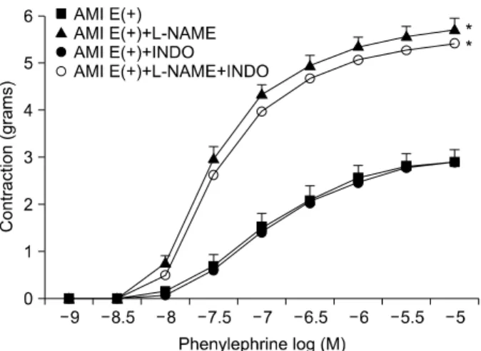 Fig. 6. Cumulative dose-response curves for phenylephrine in en- en-dothelium-intact E(＋) aortic rings from AMI rats untreated or  treated with L-NAME or indomethacin (n=6)