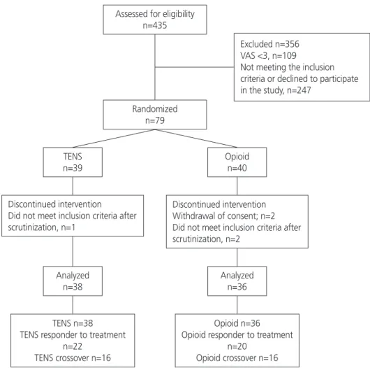 Fig. 1. Patient flowchart diagram. VAS, visual analogue scale; TENS, transcutaneous electrical nerve stimulation.