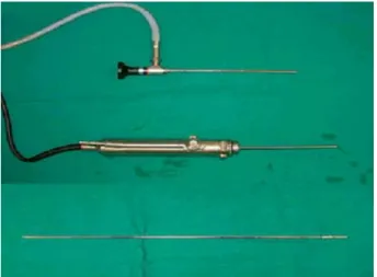 Fig. 1. Pecture of 3 mm arthroscope (upper), shaver (middle)  and irrigation cannula (lower).