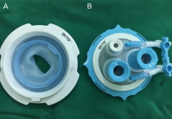 Fig. 1. (A) Wound retractor and (B) port cap.
