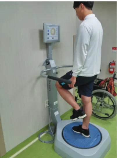 Fig. 2. Vibration Exercise Fig. 3. Athletic Single Leg Stability Testing (Biodex)1)  진동 운동 프로그램 시간 및 강도진동 운동은 선 자세 5분,  주춤 선 자세 5분,  발꿈치세운자세 5분,  앉아 상체 굽힌 자세 5분으로 총 20분을 실시하였다