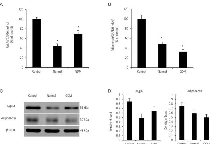 Fig. 2. Serum from pregnant women with gestational diabetes mellitus (GDM) increased the expression of fatty acid-binding protein 4  (FABP4) mRNA and decreased the expression of adiponectin mRNA in primary subcutaneous human adipocytes