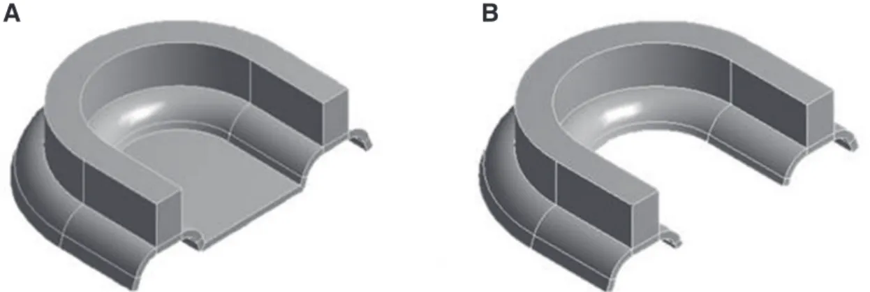 Fig. 3. 3-D models of implant and attachment system. (A) Ball attachment, (B) Milled bar attachment.