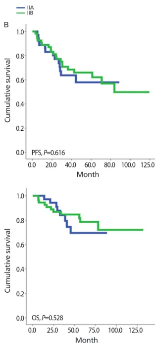 Fig. 2. Comparison of previous and revised staging classification of stage II ovarian cancer with progression free survival (PFS) and overall survival (OS).