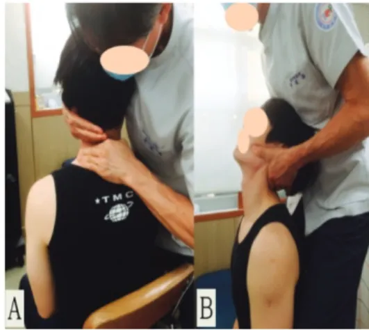 Figure 1. Unilateral postero-anterior mobilization  (A) and active extension motion with  distraction (B) on sitting position도를 VAS  도표에 표시하였다