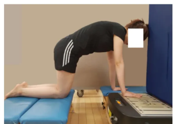 Fig. 1. Knee push-up plus까지 어깨안정화 근육의 활성화에 대한 연구는 미흡한 실정이다. 또한, 푸쉬업플러스 시 어깨뼈 안정근의 근활성도를 분석한 대부분의 연구가 정상인을 대상으로 이루어졌으며, 어깨뼈 익상 등과 같은 임상적 문제를 대상으로 수행된 연구는 부족한 실정이다.따라서, 본 연구는 어깨뼈 익상 소견을 가진 성인을 대상으로 무릎 푸쉬업플러스 동안 부가적으로 적용된 진동의 유무 및 주파수와 진폭에 따라 앞톱니근의 활성도에 미치는 영