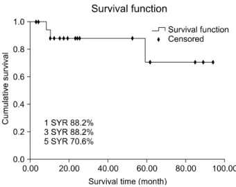 Fig. 1. Kaplan-Meier plot of patient survival. 1YSR=1 year survival  rate; 3YSR=3 year survival rate; 5YSR=5 year survival rate.