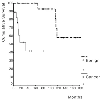 Fig.  5.  Kaplan-Meier  survival  curve  according  to  the  underlying  disease.  Fifty  percents  of  the  lung  cancer  patients  have  died  within  three  years.