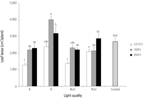 Fig. 4. Effects of LED light quality and photoperiod on the leaf area of lettuce. The data indicate the means ± S.E