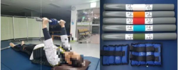 Fig. 2. Weight bars and sand bags Fig. 3. N-K tableRM을 시도하였다. 만약 피험자가 성공하였다면 그 무게를 1RM으로 정하였고, 실패한 경우는 그 이전 단계로 무게를 다시 감소시켜 성공한 경우의 무게를 1 RM으로 설정하였다