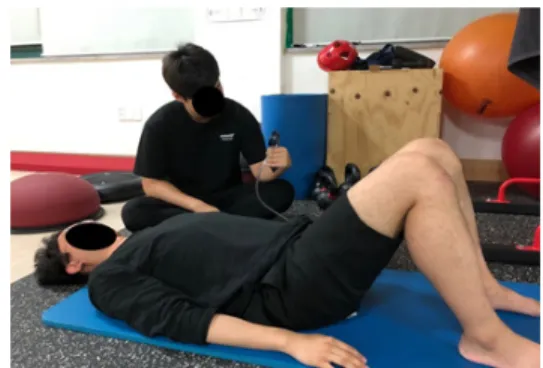 Fig. 1. EMG attachment site. Fig. 2. Abdominal drawing-in maneuver.